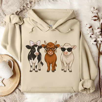 Trendy Cow Lover Hoodie – Cute Stylish Cow Trio Pullover with Bow, Glasses & Sunglasses