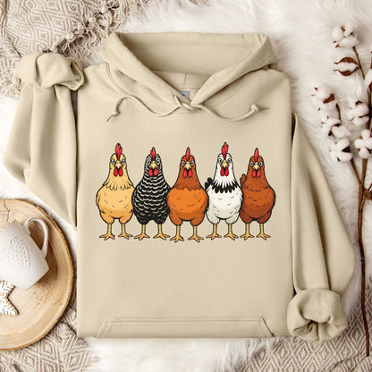 Farm Chickens Hoodie – Colorful Hen Lineup Cozy Unisex Hoodie for Poultry Lovers & Country Living Fans