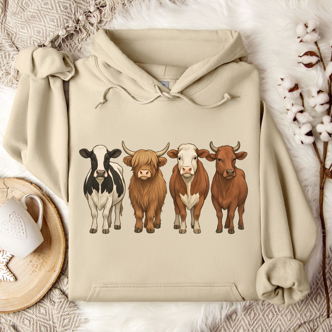 Cow Breed Hoodie – Highland, Holstein & Brown Cow Lineup Pullover for Ranchers & Cow Lovers