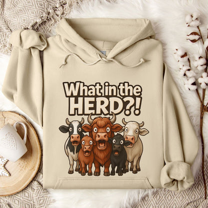 Funny Cow Hoodie – What in the Herd?! Farm Humor Pullover for Cow Lovers & Country Life Fans