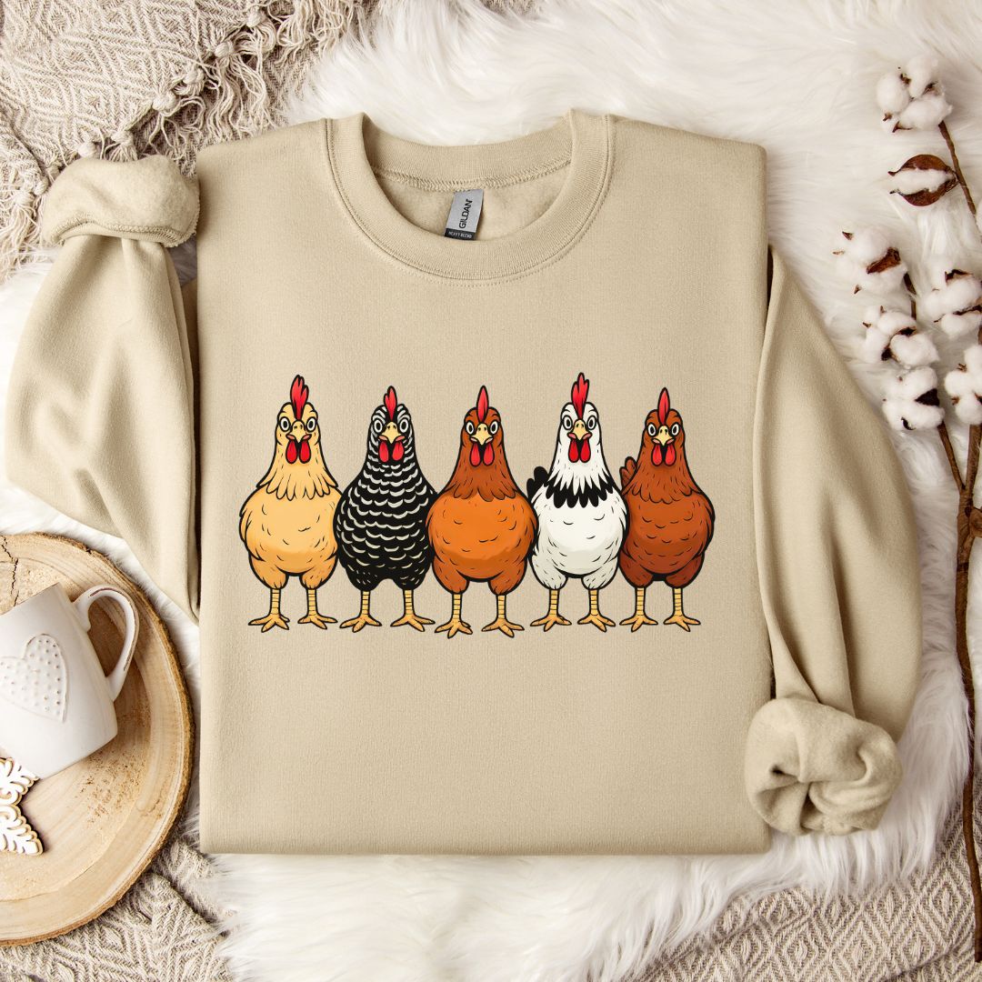 Hen Lineup Chicken Sweatshirt – Colorful Barnyard Pullover for Poultry Lovers & Farmhouse Living