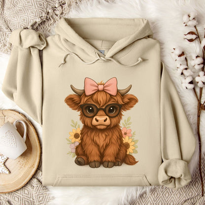 Cute Highland Cow Hoodie – Floral Cow with Glasses & Bow Pullover for Cow Moms & Farm Girls