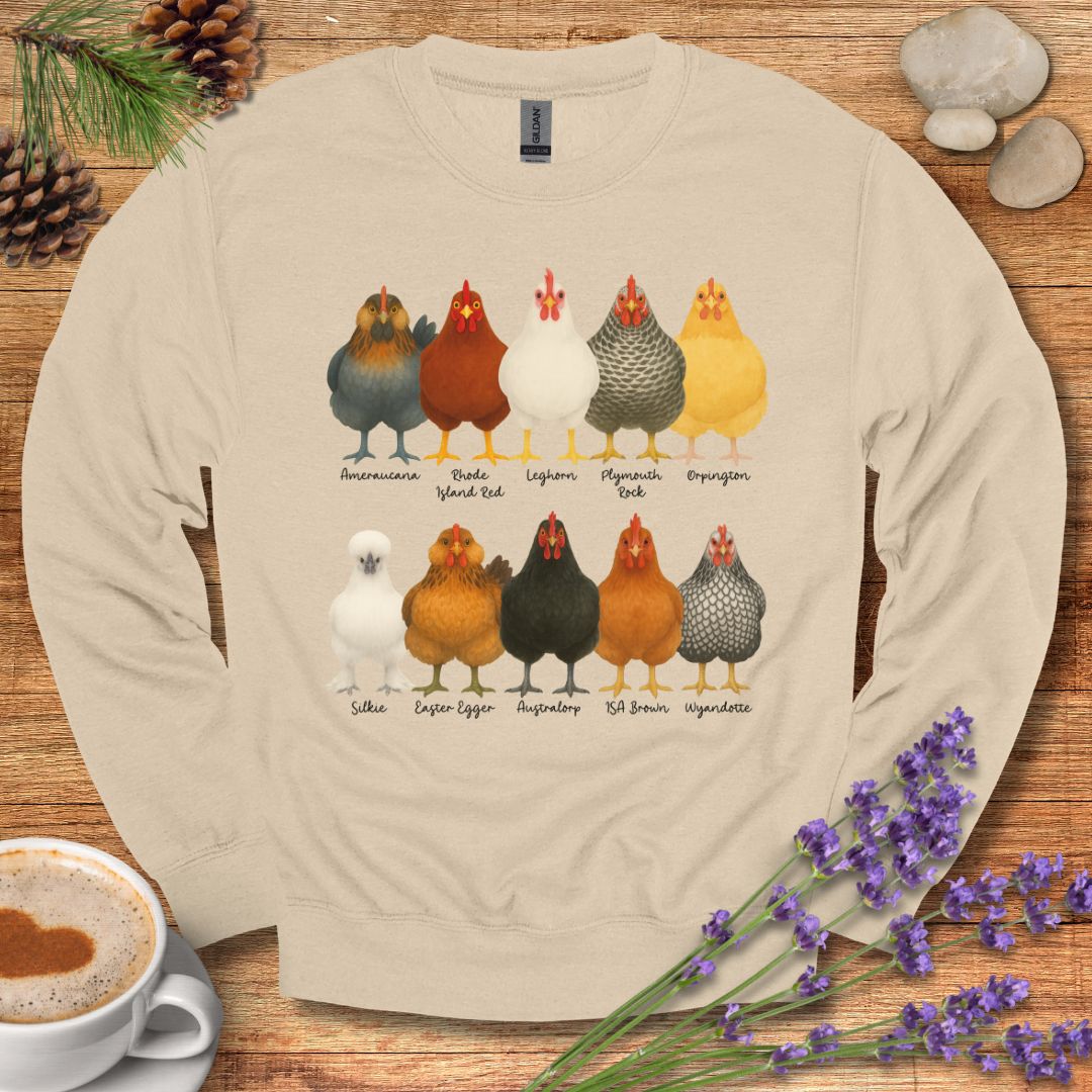 Chicken Breeds Sweatshirt – Farm Animal Pullover with Popular Hen & Rooster Varieties for Chicken Lovers