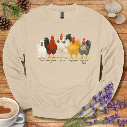 Rooster Lineup Sweatshirt – Silkie, Rhode Island Red, Brahma, Orpington & Plymouth Rock Pullover for Farm Animal Lovers