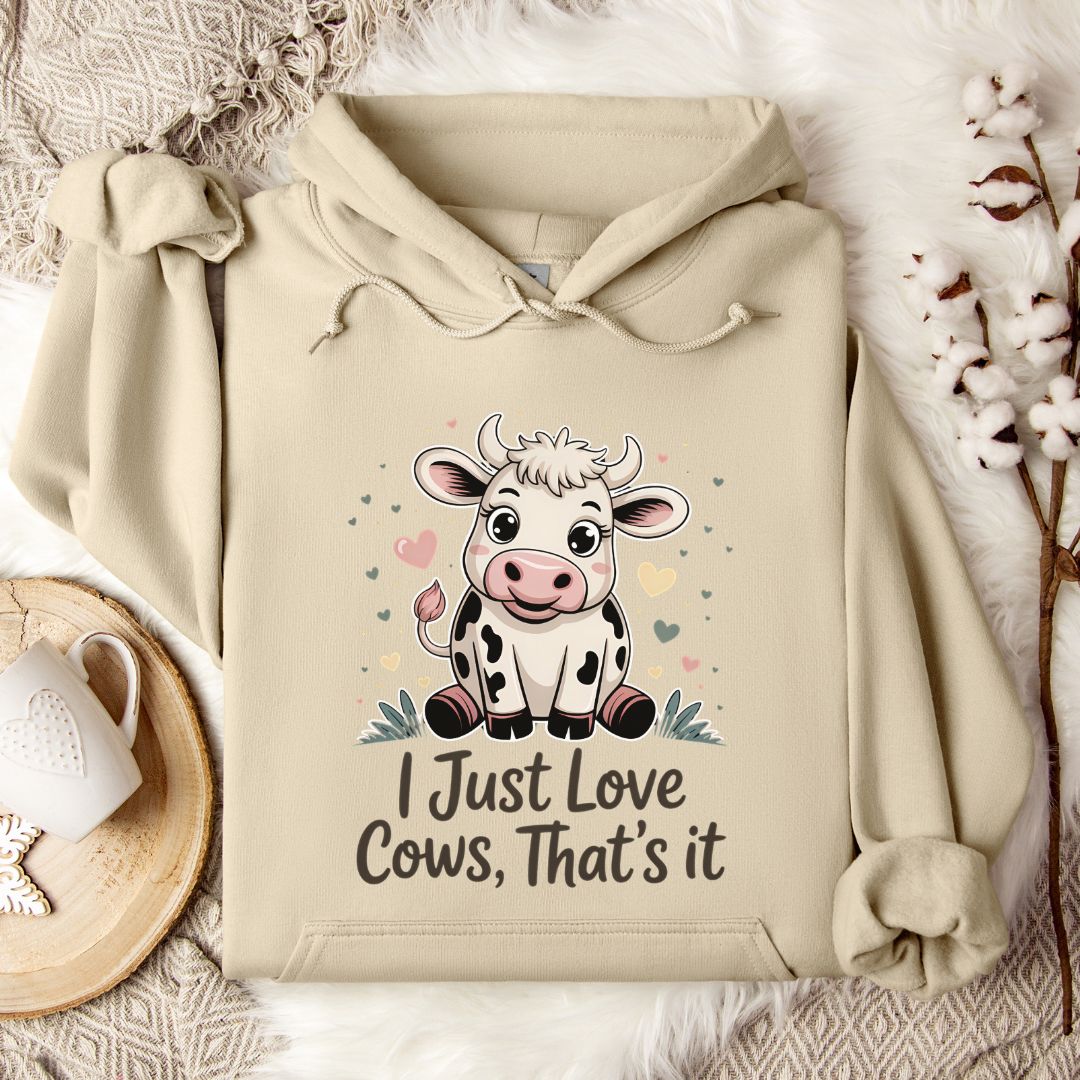 Cute Cow Lover Hoodie – “I Just Love Cows” Pullover for Cow Moms, Farm Girls & Country Fans