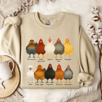 Chicken Breeds Sweatshirt – Farm Animal Pullover with Popular Hen & Rooster Varieties for Chicken Lovers