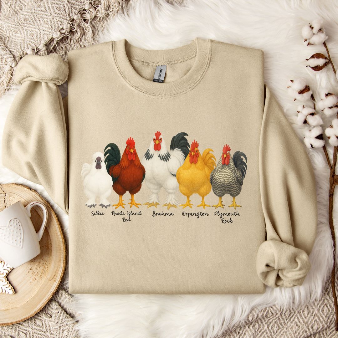 Rooster Lineup Sweatshirt – Silkie, Rhode Island Red, Brahma, Orpington & Plymouth Rock Pullover for Farm Animal Lovers