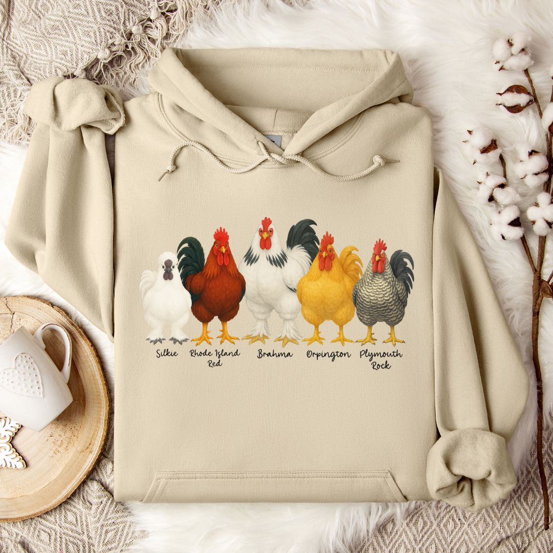 Rooster Breed Hoodie – Silkie, Rhode Island Red, Brahma & Orpington Chicken Lover Pullover