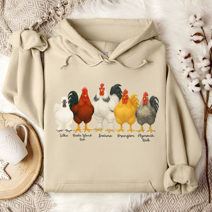 Rooster Breed Hoodie – Silkie, Rhode Island Red, Brahma & Orpington Chicken Lover Pullover