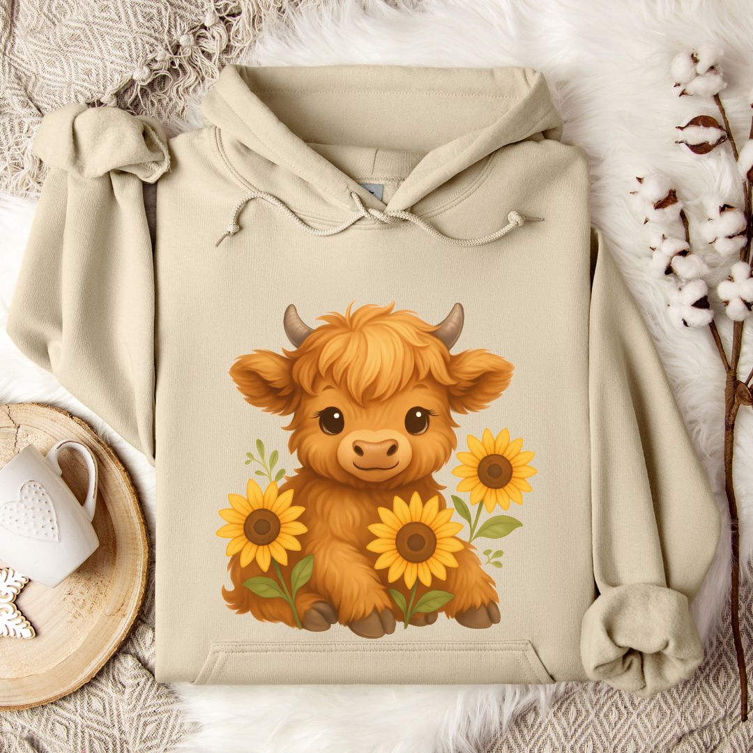 Cute Highland Cow Hoodie – Sunflower Cow Lover Pullover for Farm Girls & Country Style Fans