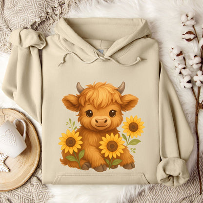 Cute Highland Cow Hoodie – Sunflower Cow Lover Pullover for Farm Girls & Country Style Fans