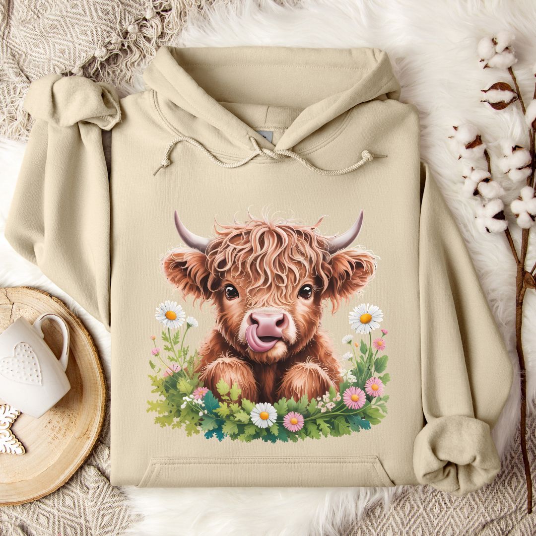 Highland Cow Hoodie – Cute Tongue-Out Cow & Wildflower Pullover for Farm Girls & Cow Lovers