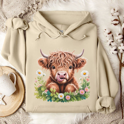 Highland Cow Hoodie – Cute Tongue-Out Cow & Wildflower Pullover for Farm Girls & Cow Lovers