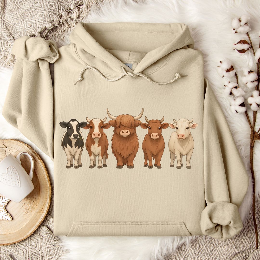 Cow Lover Hoodie – Highland, Holstein & Brown Cow Lineup Pullover for Ranchers & Farm Life Fans