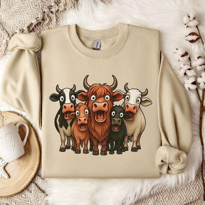 Funny Cow Lover Sweatshirt – Cute Cow Lineup Crewneck for Farm Life, Ranchers & Cow Moms