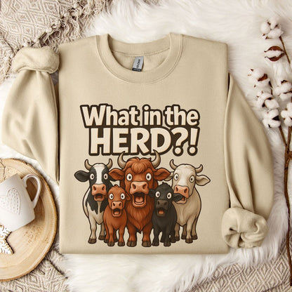 Funny Cow Sweatshirt – What in the Herd?! Farm Humor Crewneck for Cow Lovers & Country Life Fans