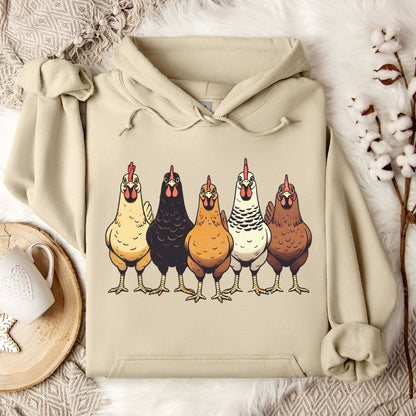 Chicken Lover Hoodie – Cute Farm Chickens Lineup Unisex Cozy Hoodie for Country Life Fans & Backyard Chicken Keepers