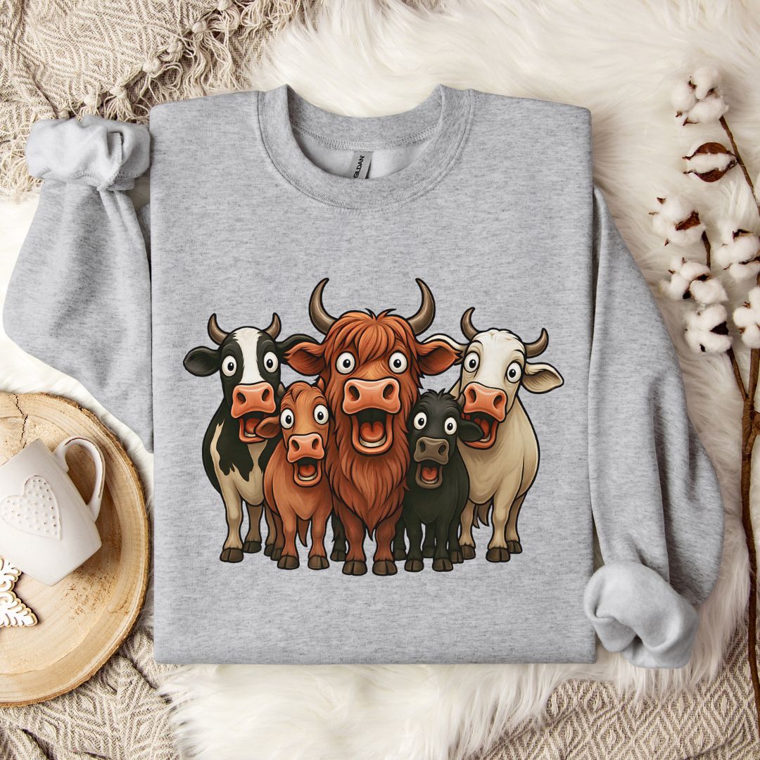 Funny Cow Lover Sweatshirt – Cute Cow Lineup Crewneck for Farm Life, Ranchers & Cow Moms