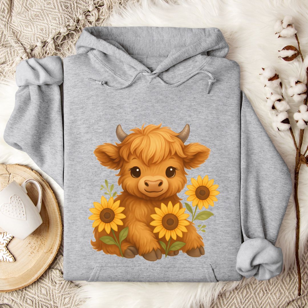 Cute Highland Cow Hoodie – Sunflower Cow Lover Pullover for Farm Girls & Country Style Fans