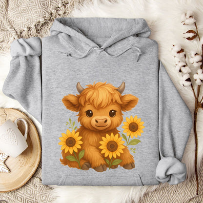 Cute Highland Cow Hoodie – Sunflower Cow Lover Pullover for Farm Girls & Country Style Fans