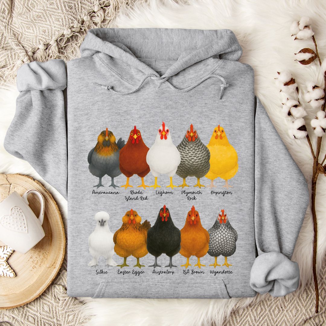 Chicken Breeds Hoodie – Cute Poultry Lover Gift for Chicken Keepers, Farmers & Backyard Flock Moms