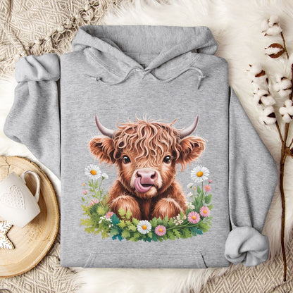 Highland Cow Hoodie – Cute Tongue-Out Cow & Wildflower Pullover for Farm Girls & Cow Lovers