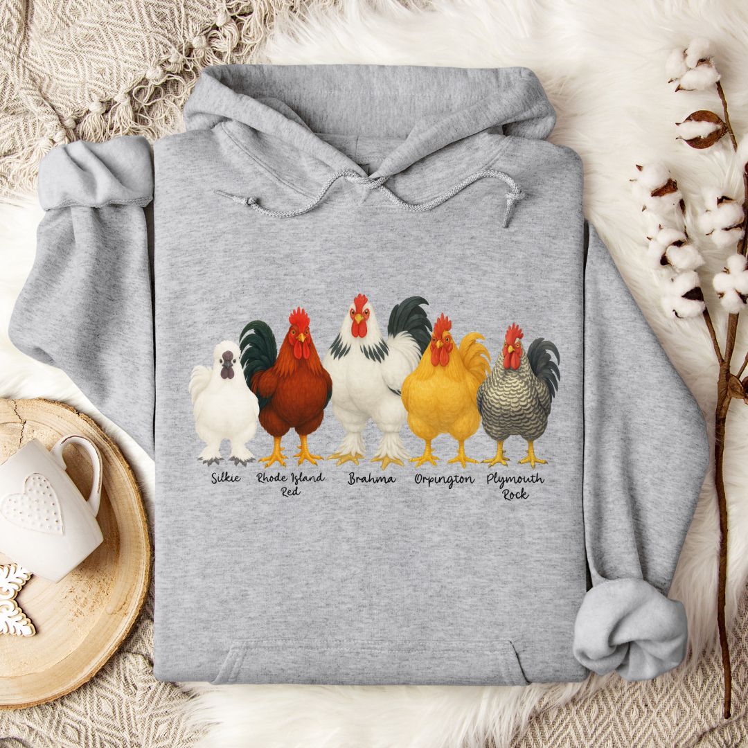 Rooster Breed Hoodie – Silkie, Rhode Island Red, Brahma & Orpington Chicken Lover Pullover