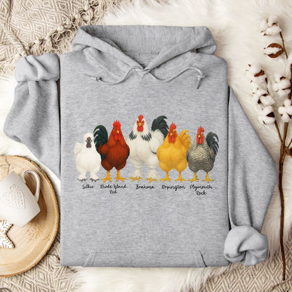 Rooster Breed Hoodie – Silkie, Rhode Island Red, Brahma & Orpington Chicken Lover Pullover