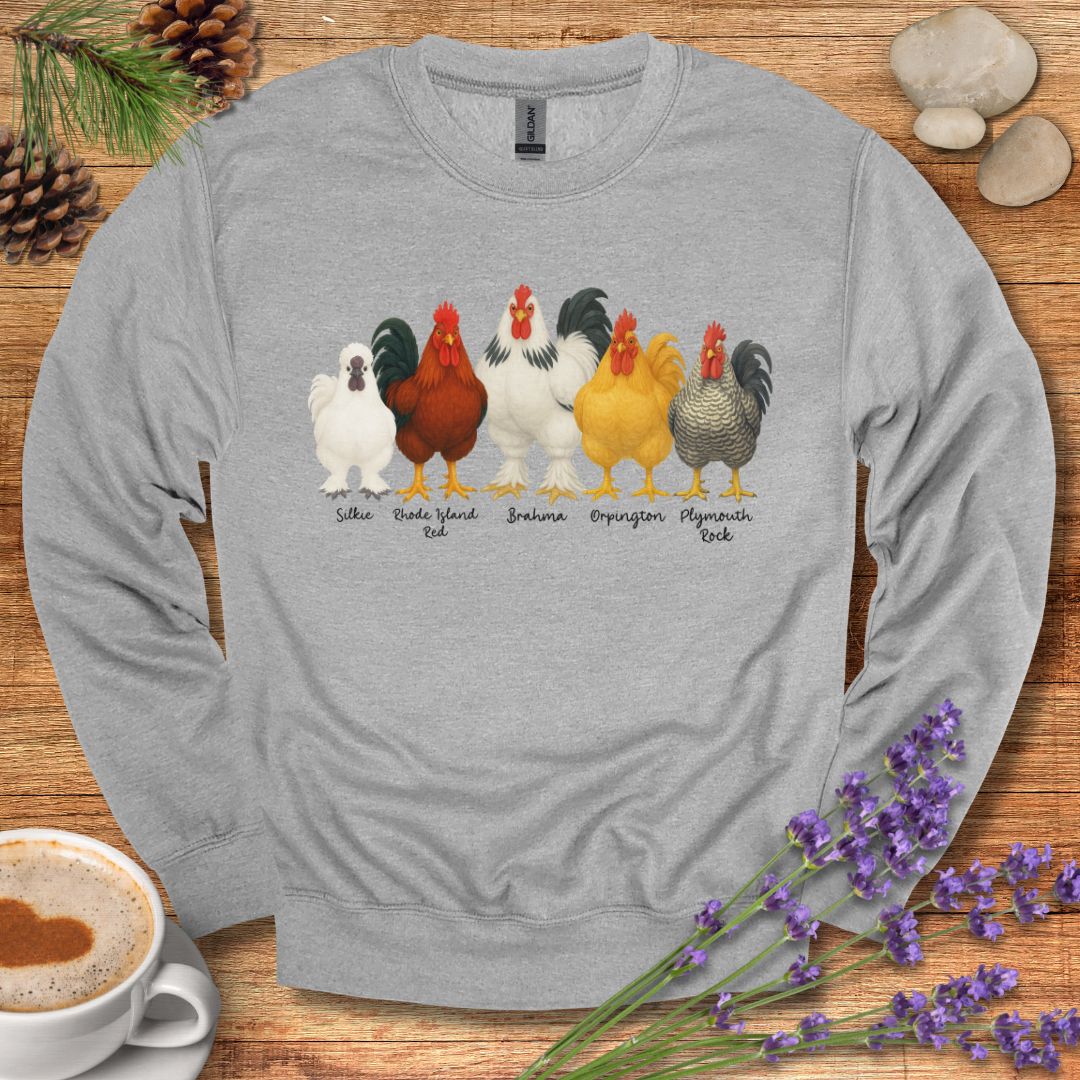Rooster Lineup Sweatshirt – Silkie, Rhode Island Red, Brahma, Orpington & Plymouth Rock Pullover for Farm Animal Lovers