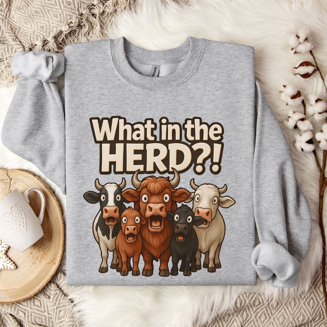 Funny Cow Sweatshirt – What in the Herd?! Farm Humor Crewneck for Cow Lovers & Country Life Fans