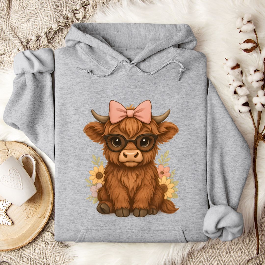 Cute Highland Cow Hoodie – Floral Cow with Glasses & Bow Pullover for Cow Moms & Farm Girls