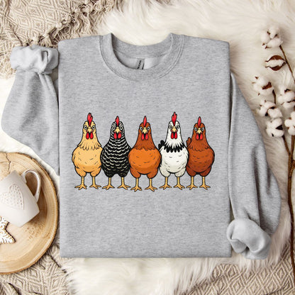 Hen Lineup Chicken Sweatshirt – Colorful Barnyard Pullover for Poultry Lovers & Farmhouse Living