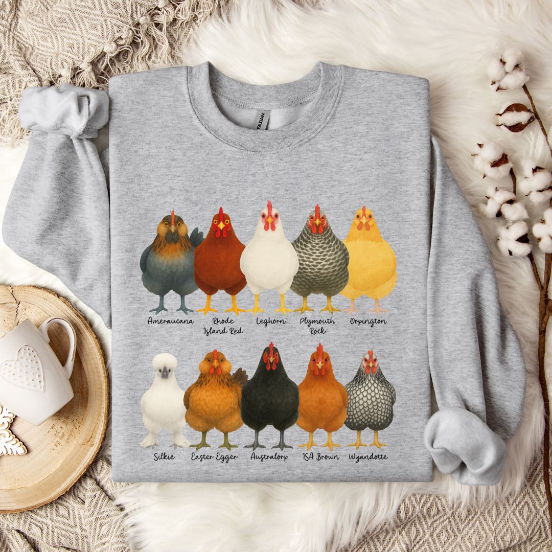 Chicken Breeds Sweatshirt – Farm Animal Pullover with Popular Hen & Rooster Varieties for Chicken Lovers