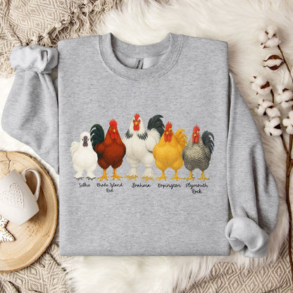 Rooster Lineup Sweatshirt – Silkie, Rhode Island Red, Brahma, Orpington & Plymouth Rock Pullover for Farm Animal Lovers