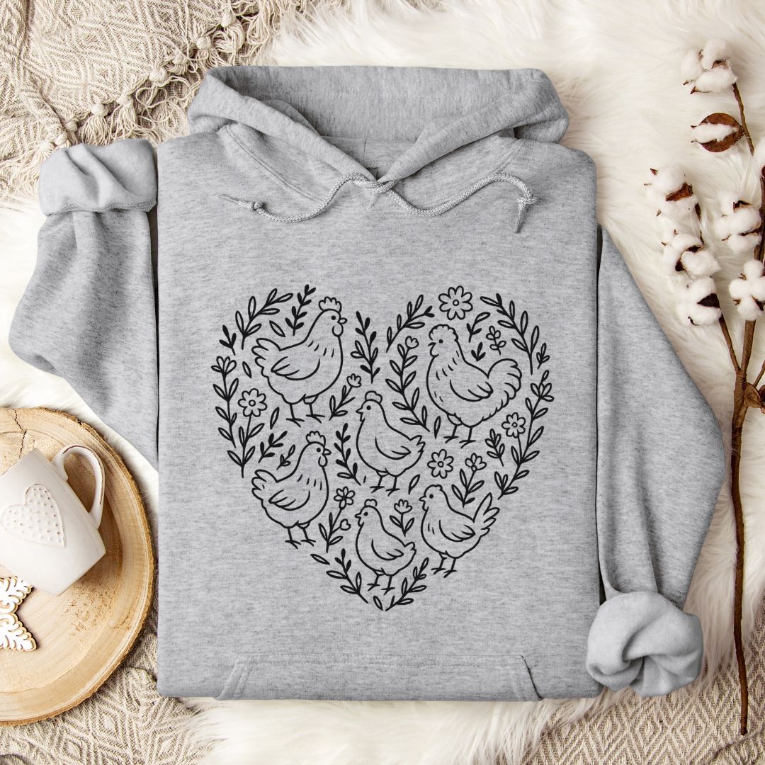 Chicken Lover Hoodie – Cute Heart Floral Chicken Flock Design for Chicken Moms & Backyard Poultry Fans