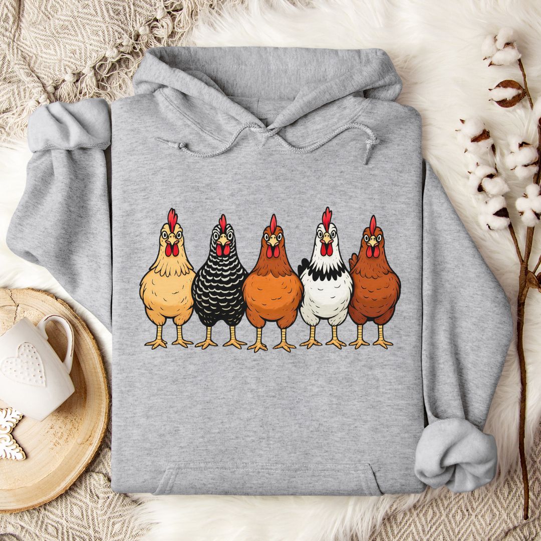 Farm Chickens Hoodie – Colorful Hen Lineup Cozy Unisex Hoodie for Poultry Lovers & Country Living Fans