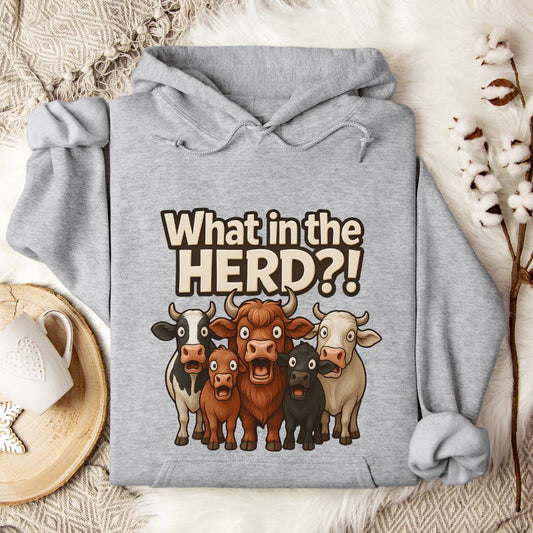 Funny Cow Hoodie – What in the Herd?! Farm Humor Pullover for Cow Lovers & Country Life Fans