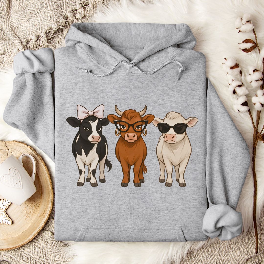 Trendy Cow Lover Hoodie – Cute Stylish Cow Trio Pullover with Bow, Glasses & Sunglasses