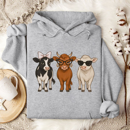 Trendy Cow Lover Hoodie – Cute Stylish Cow Trio Pullover with Bow, Glasses & Sunglasses
