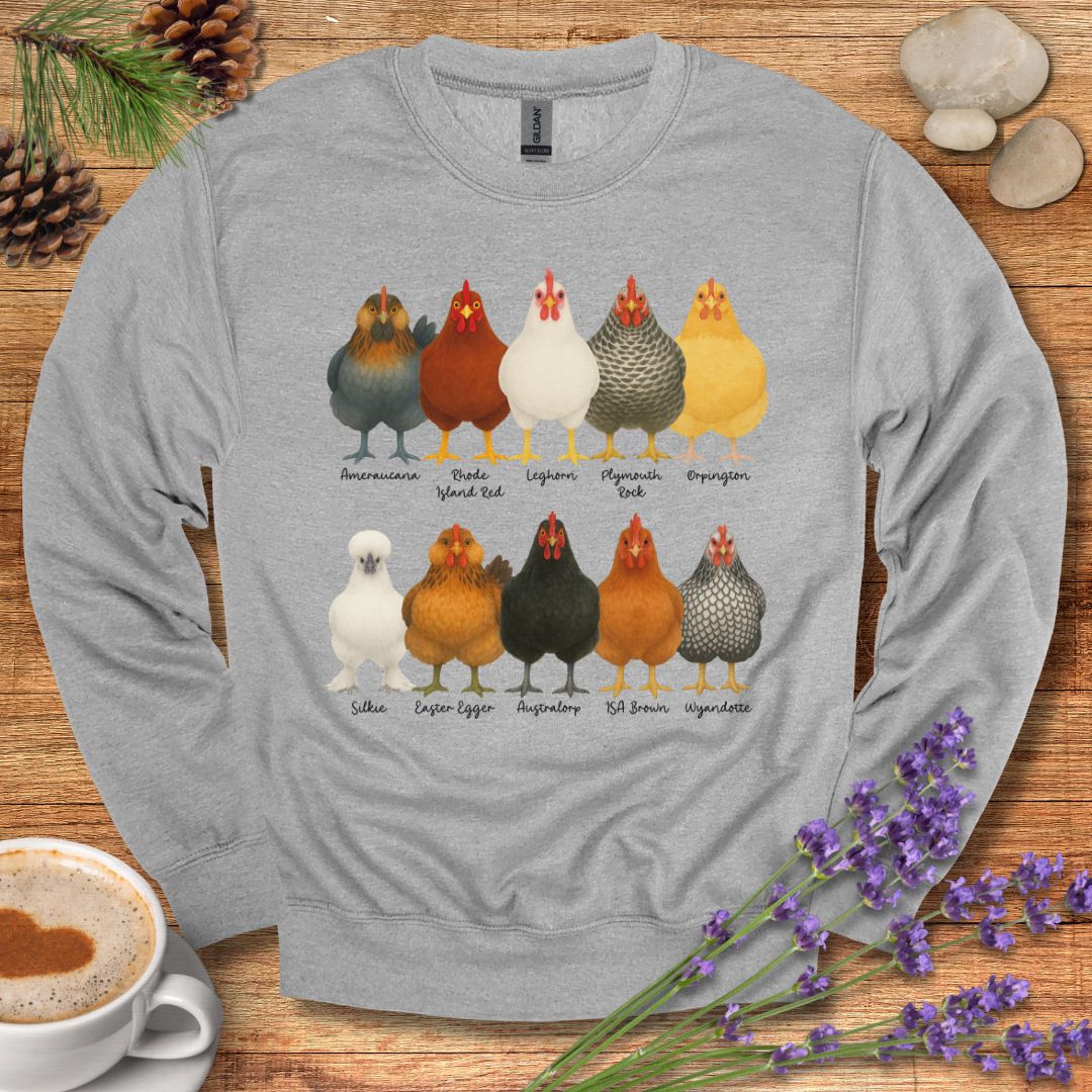 Chicken Breeds Sweatshirt – Farm Animal Pullover with Popular Hen & Rooster Varieties for Chicken Lovers