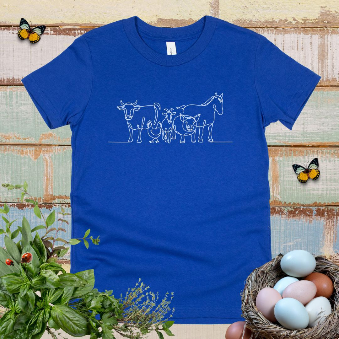 Cute Farm Animals Kids T-Shirt – One Line Art Cow, Chicken, Goat, Pig & Horse Youth Tee