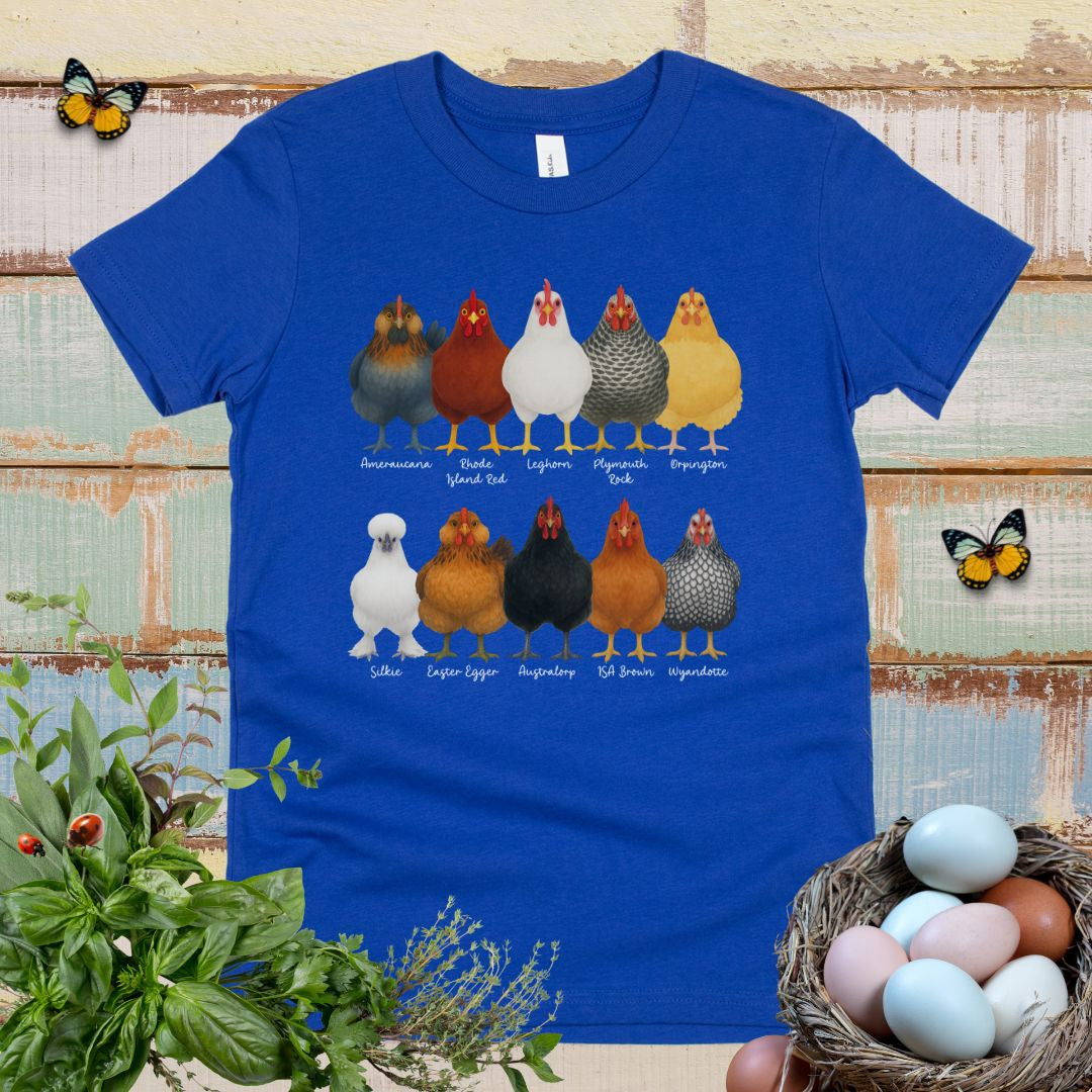 Chicken Breeds Kids T-Shirt – Cute Farm Chickens Chart Youth Tee for Animal Lovers & Farm Kids