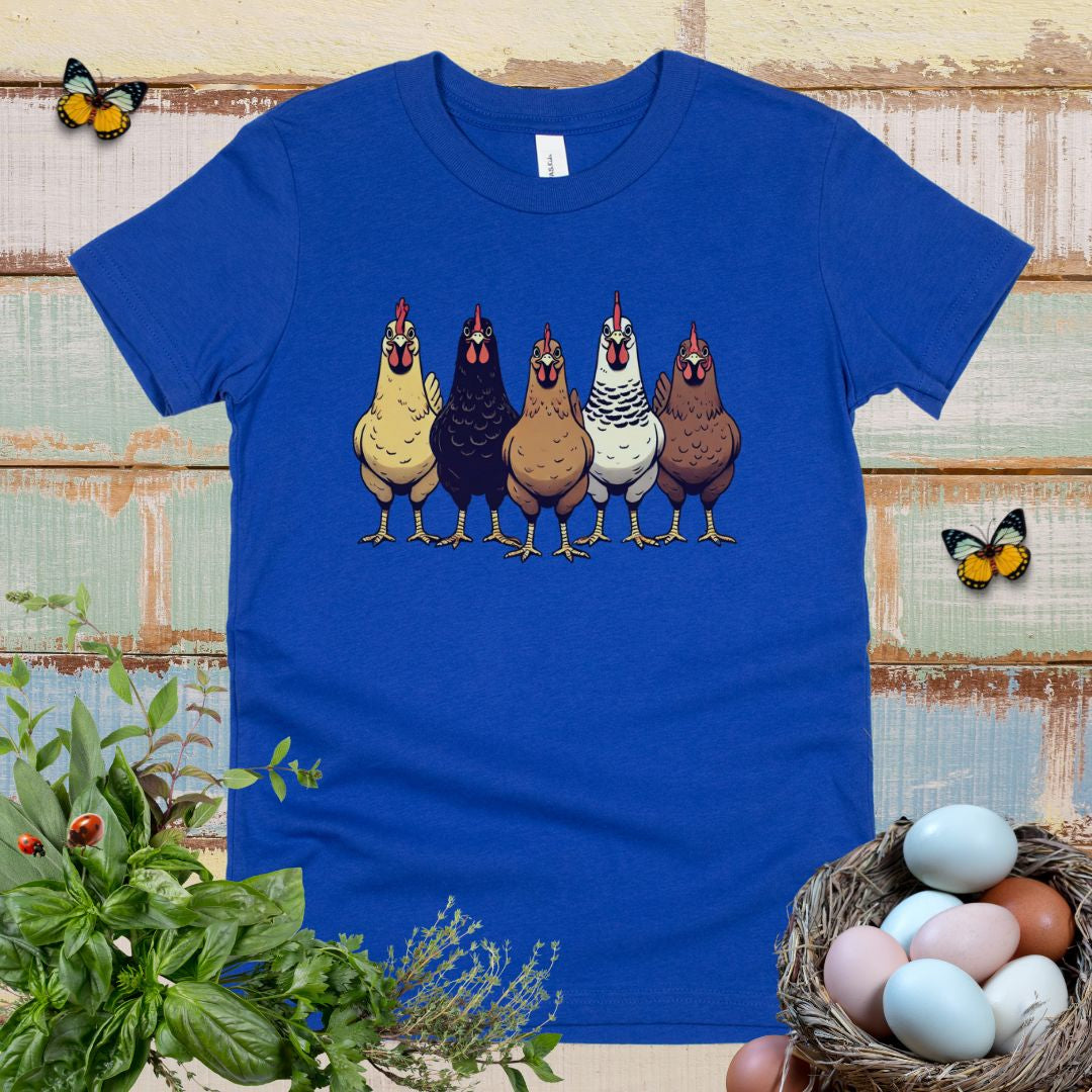 Cute Chicken Lover Kids T-Shirt – Farm Chickens Lineup Youth Tee for Boys & Girls
