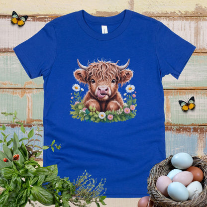 Cute Highland Cow Kids T-Shirt – Adorable Tongue-Out Cow & Wildflower Tee for Little Farm Animal Lovers