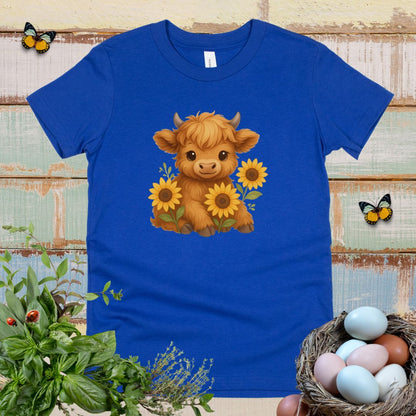 Cute Highland Cow Kids T-Shirt – Sunflower Cow Tee for Little Farm Animal Lovers