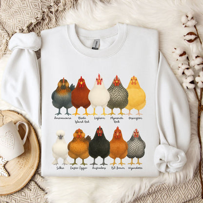 Chicken Breeds Sweatshirt – Farm Animal Pullover with Popular Hen & Rooster Varieties for Chicken Lovers