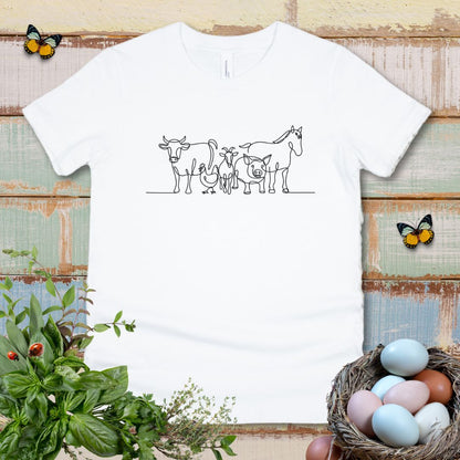 Cute Farm Animals Kids T-Shirt – One Line Art Cow, Chicken, Goat, Pig & Horse Youth Tee