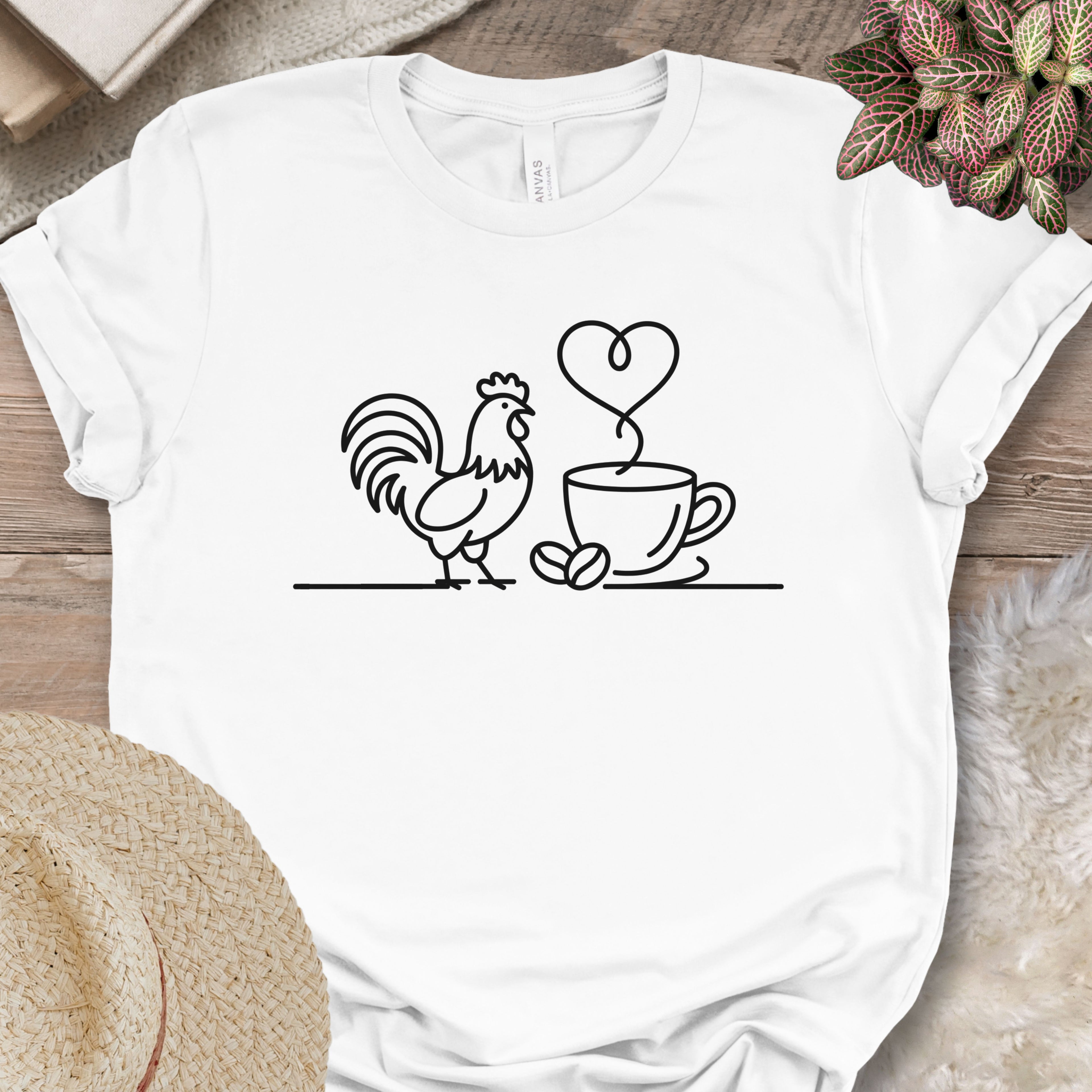 Minimalist Chicken & Coffee Line Art Tee