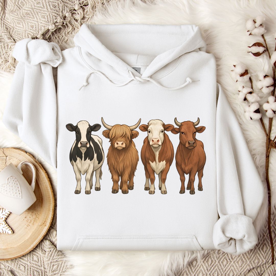 Cow Breed Hoodie – Highland, Holstein & Brown Cow Lineup Pullover for Ranchers & Cow Lovers