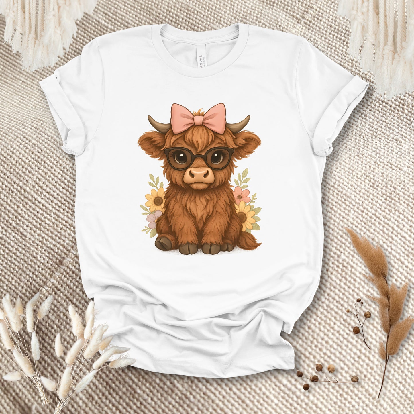 Cute Highland Cow T-Shirt – Floral Cow with Glasses Tee for Cow Lovers
